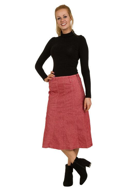 Calf-length Red Panelled Denim Skirt